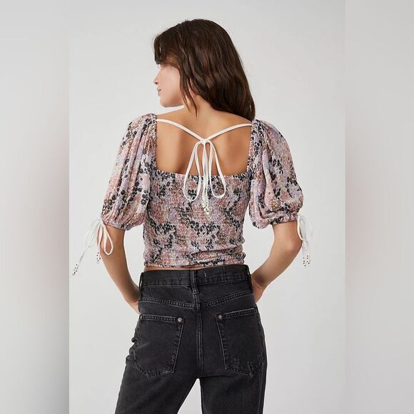 NWT Free People Top Back On Top Crop Floral Smocked Tie Puff Soft Combo XS - Picture 2 of 10